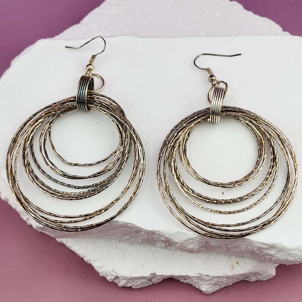 Vintage 90s Mixed Metal Tone Multi Ring Dangle Earrings Textured Boho Statement